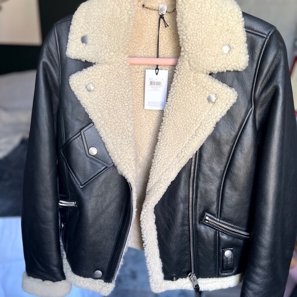 COACH Shearling Moto Leather Jacket 100% Lambswool NEW Size 4 - Picture 2 of 14